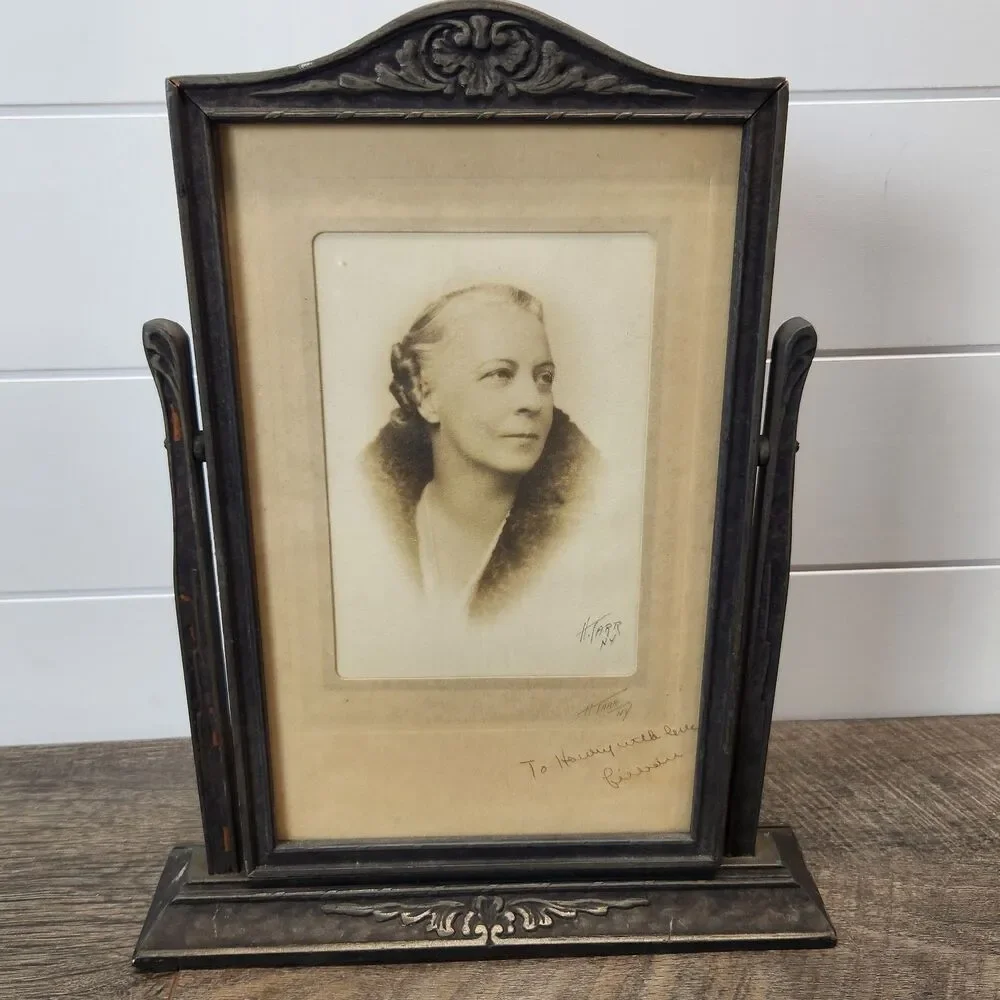 Antique Art Deco Wood Tabletop Swivel Swing Tilt Picture Frame with Photo Signed